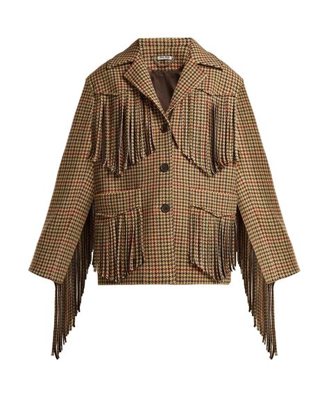 miu miu houndstooth fringe jacket|Single.